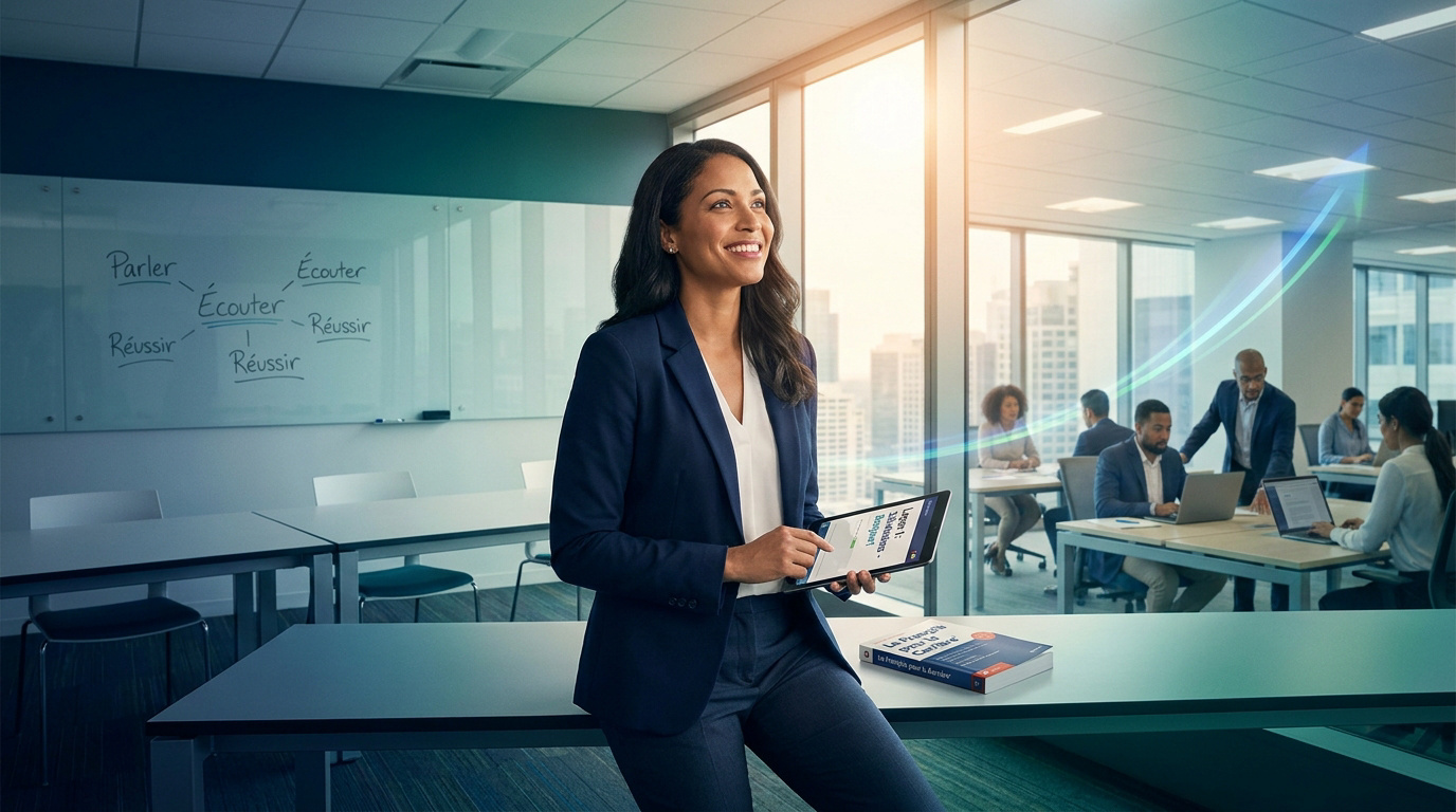 Le français, un atout pour votre carrière en Ontario Une femme d'affaires souriante tenant une tablette dans un bureau moderne avec ses collègues en arrière-plan.