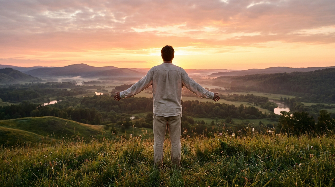 Retrouver son énergie au lever du soleil Un homme debout sur une colline, bras ouverts face à un paysage naturel au lever du soleil.