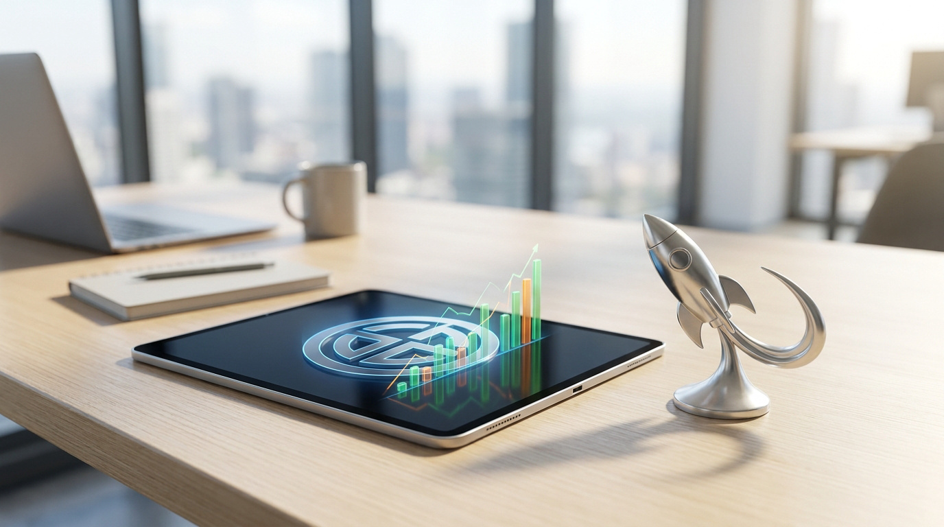 Performance et croissance chez KO SAS Tablette affichant un logo et un graphique en croissance à côté d'une figurine de fusée sur un bureau.