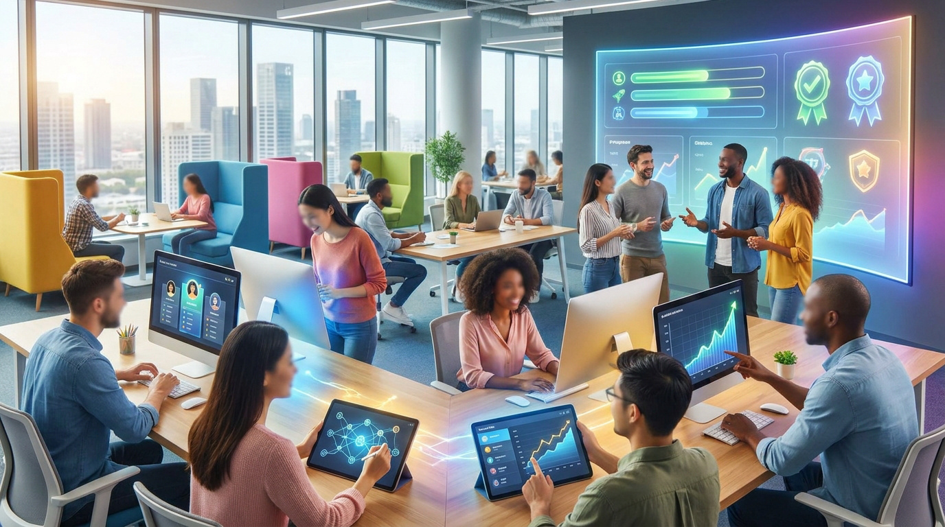 Équipe diversifiée travaillant dans un bureau moderne avec des écrans de données gamifiées et des graphiques de progression.