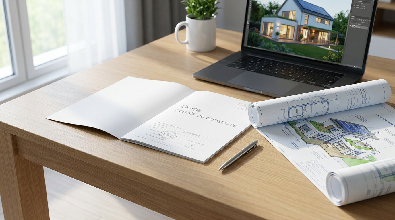 Dossier Cerfa, plans architecturaux et ordinateur sur un bureau en bois pour un projet de construction.