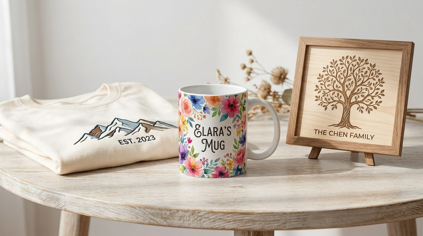 Objets personnalisés pour cadeaux uniques Sweat brodé, mug fleuri et cadre en bois sur une table en bois clair.