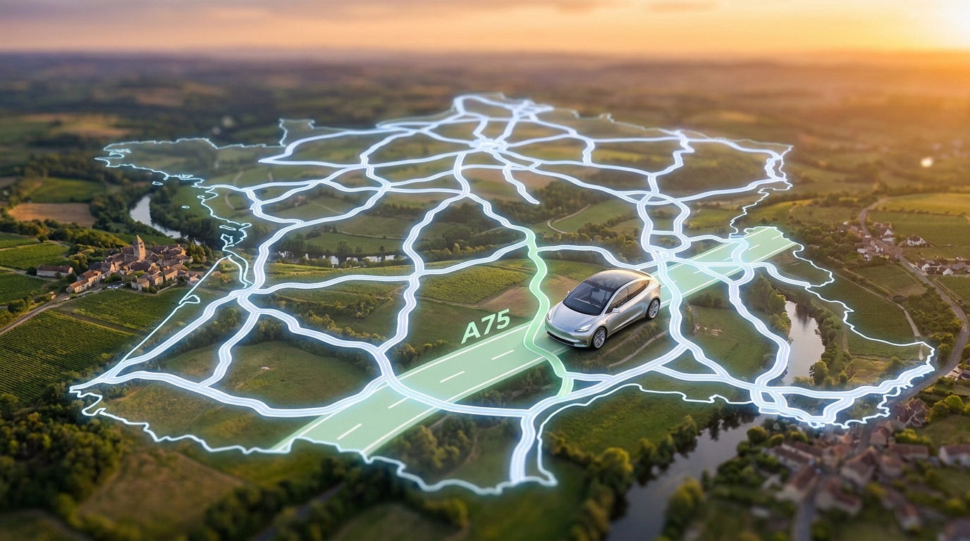 Une voiture moderne sur une carte holographique des autoroutes françaises traversant un paysage champêtre au coucher du soleil.