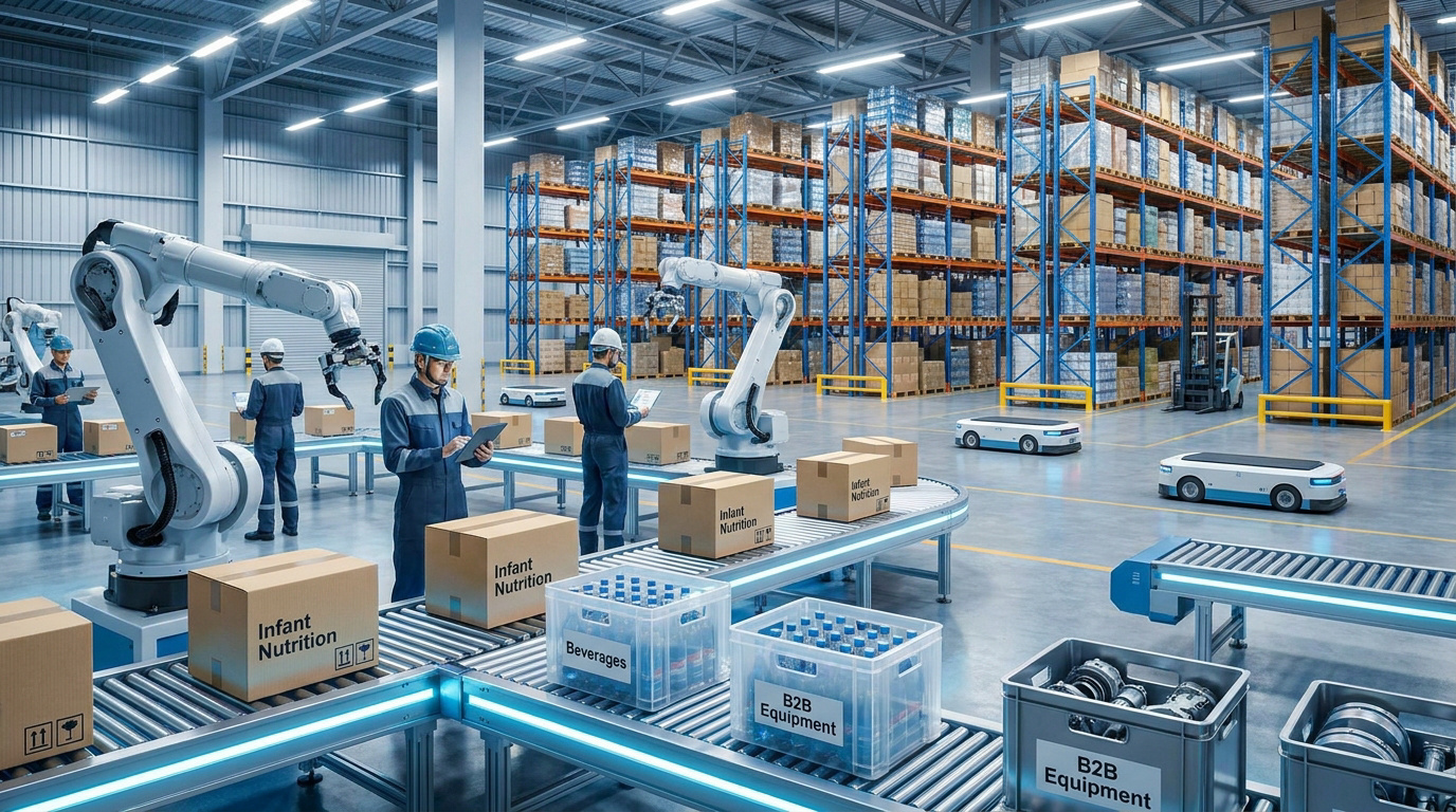Entrepôt automatisé avec robots, convoyeurs et opérateurs gérant des colis et des équipements B2B.
