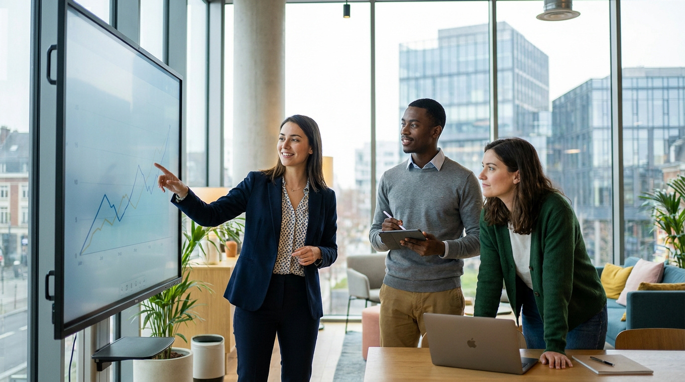 Formation au GRETA Lille : collaboration professionnelle Une femme présente un graphique sur écran tactile à deux collègues attentifs dans un bureau moderne.