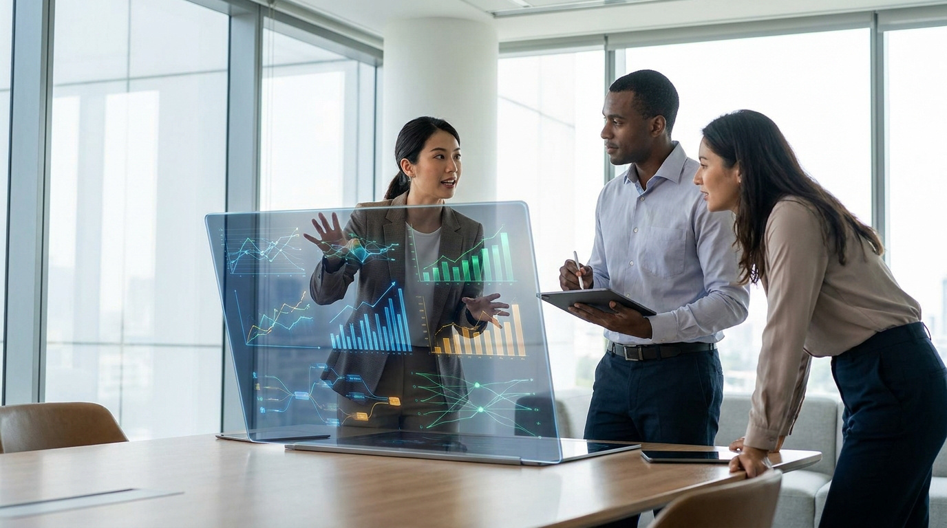 Une équipe de professionnels travaillant sur des graphiques numériques projetés sur un écran transparent en salle de réunion.