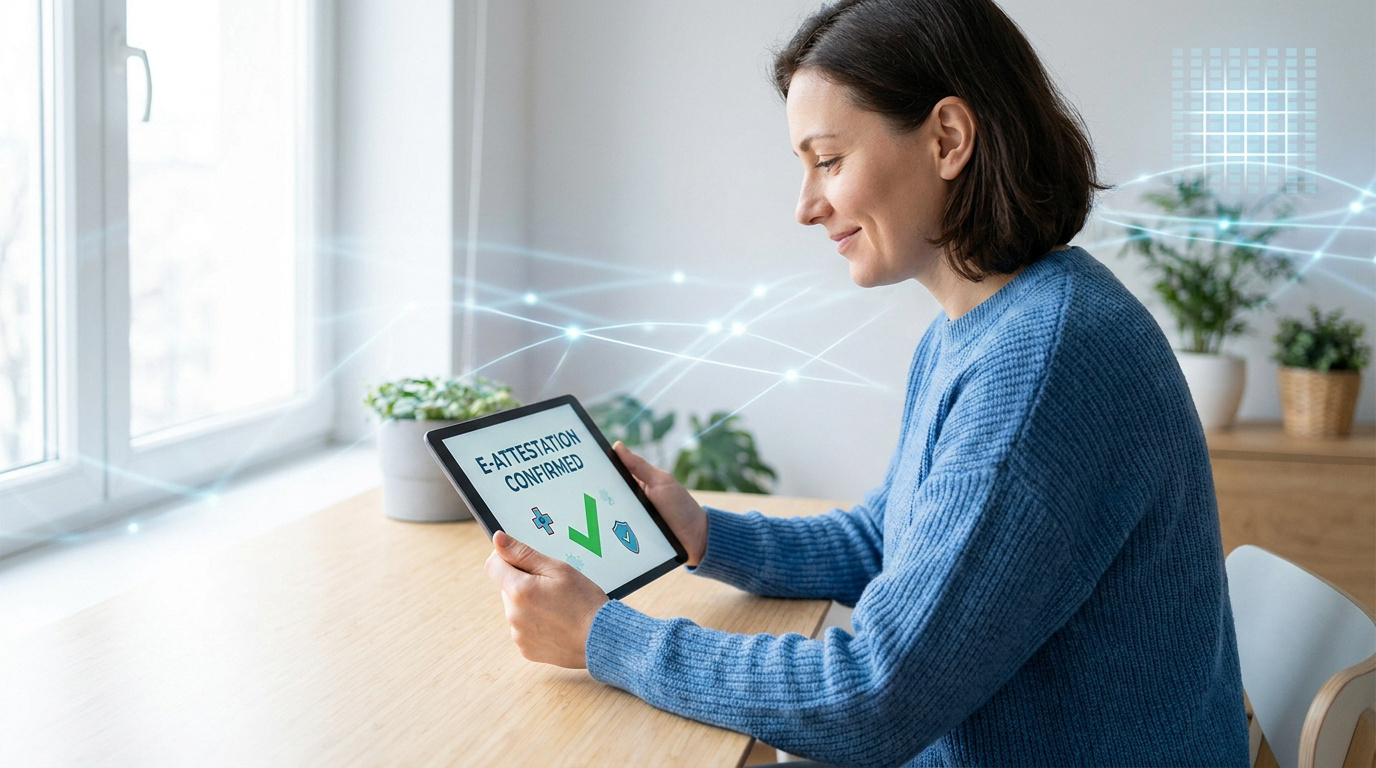 Une femme souriante utilise une tablette affichant une confirmation d'e-attestation avec des graphiques numériques.
