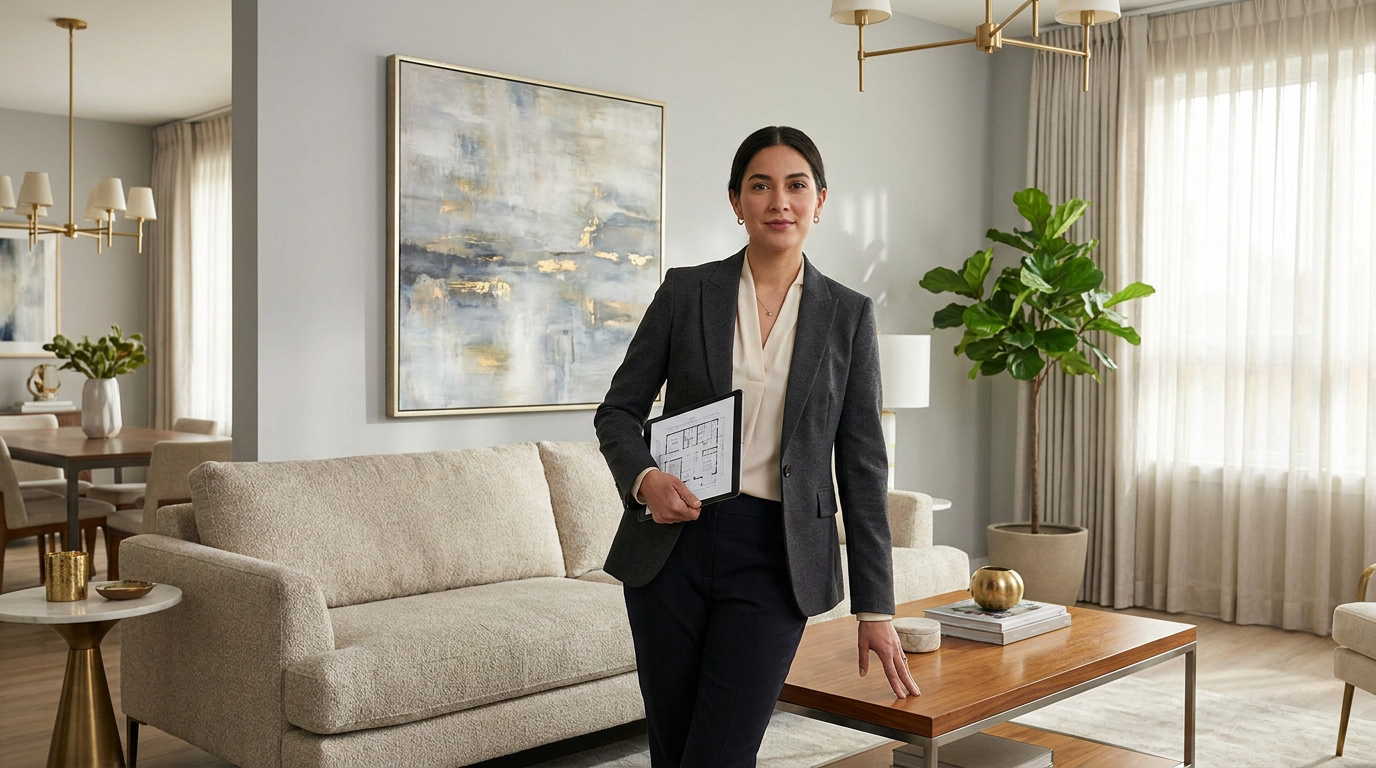 Architecte d’intérieur : carrière et rémunération Une architecte d'intérieur professionnelle souriante tenant une tablette avec des plans dans un salon élégant et moderne.