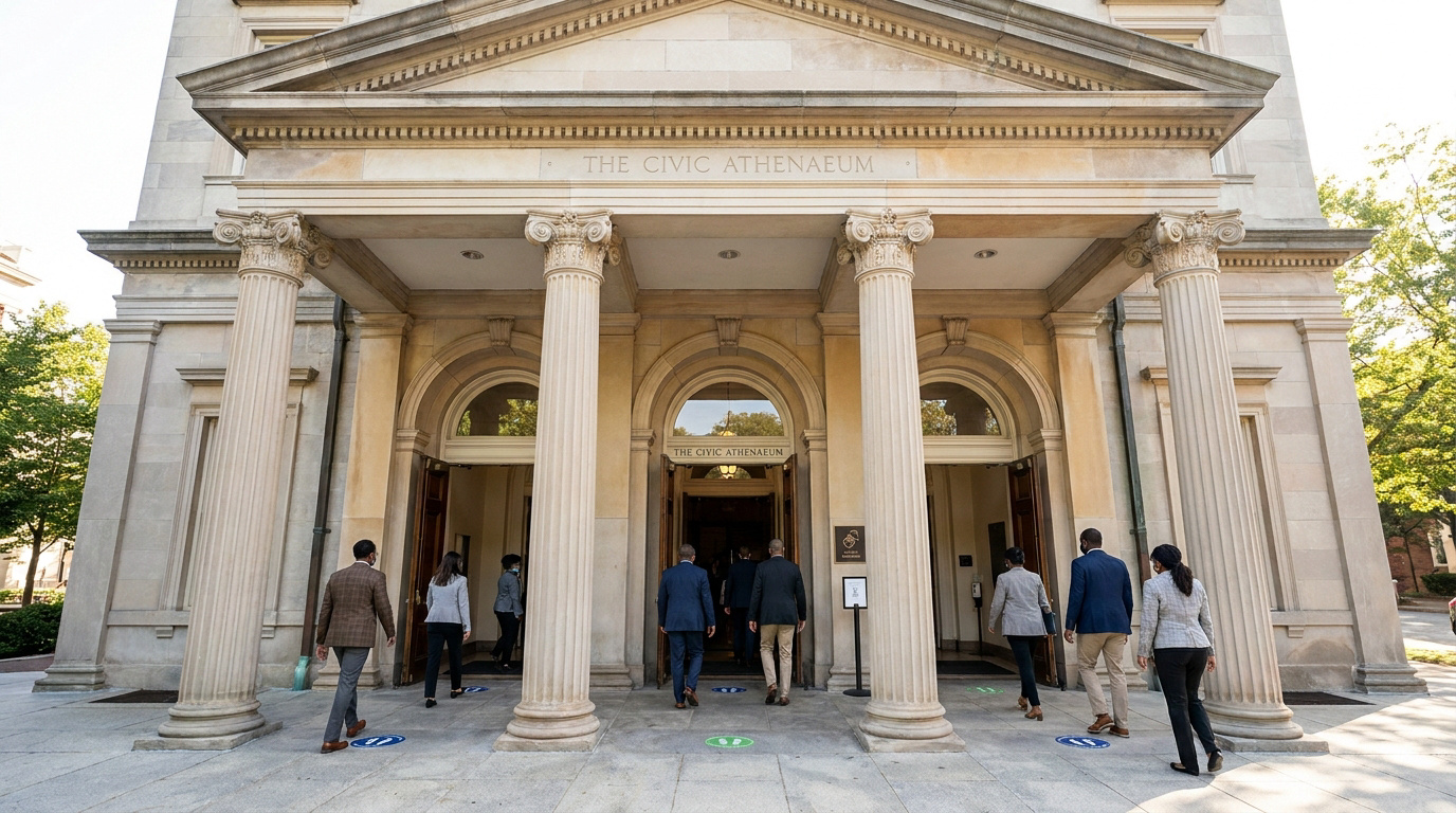 Groupe de professionnels entrant dans un bâtiment néoclassique avec des marquages de distanciation sociale au sol.