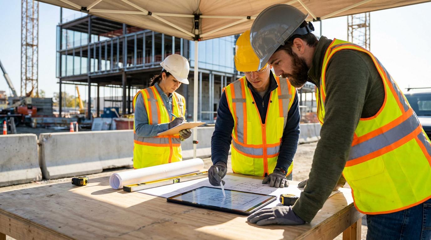 Gestion de chantier : ajustements et directives Des ingénieurs en équipement de sécurité examinent des plans de construction numériques sur une table de chantier.