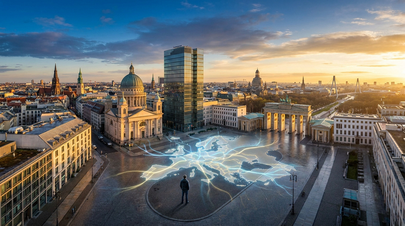 Berlin : Cœur battant des réseaux européens Un homme regarde une carte lumineuse de l'Europe projetée au sol à Berlin, entre la Porte de Brandebourg et des monuments.
