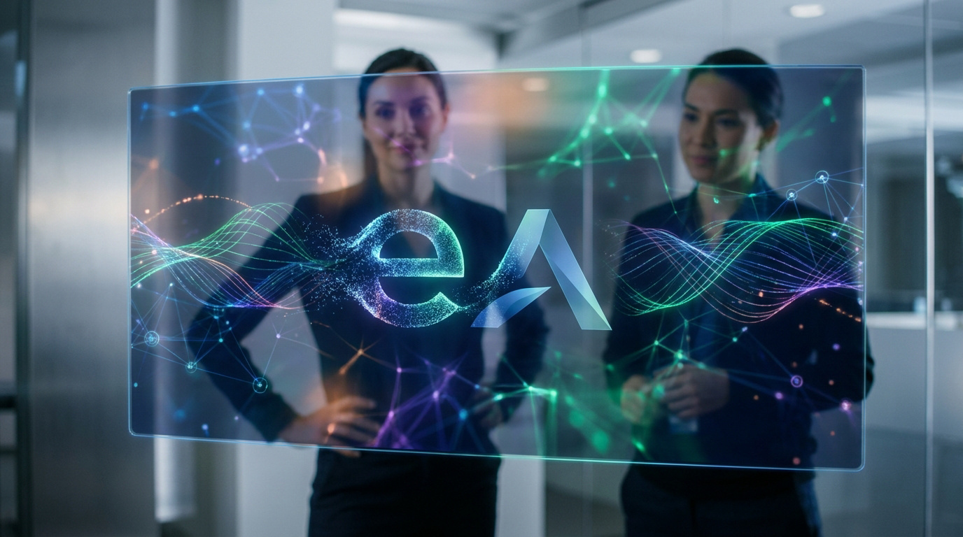 Deux professionnelles regardant un écran holographique affichant le logo e-Attestations avec des ondes numériques.
