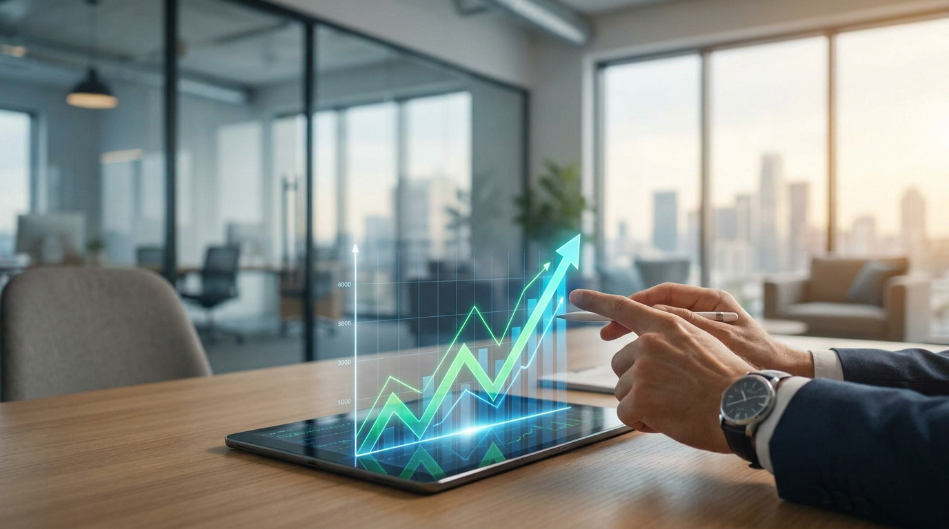 Gros plan sur une tablette affichant un graphique financier en hausse, avec des mains utilisant un stylet.