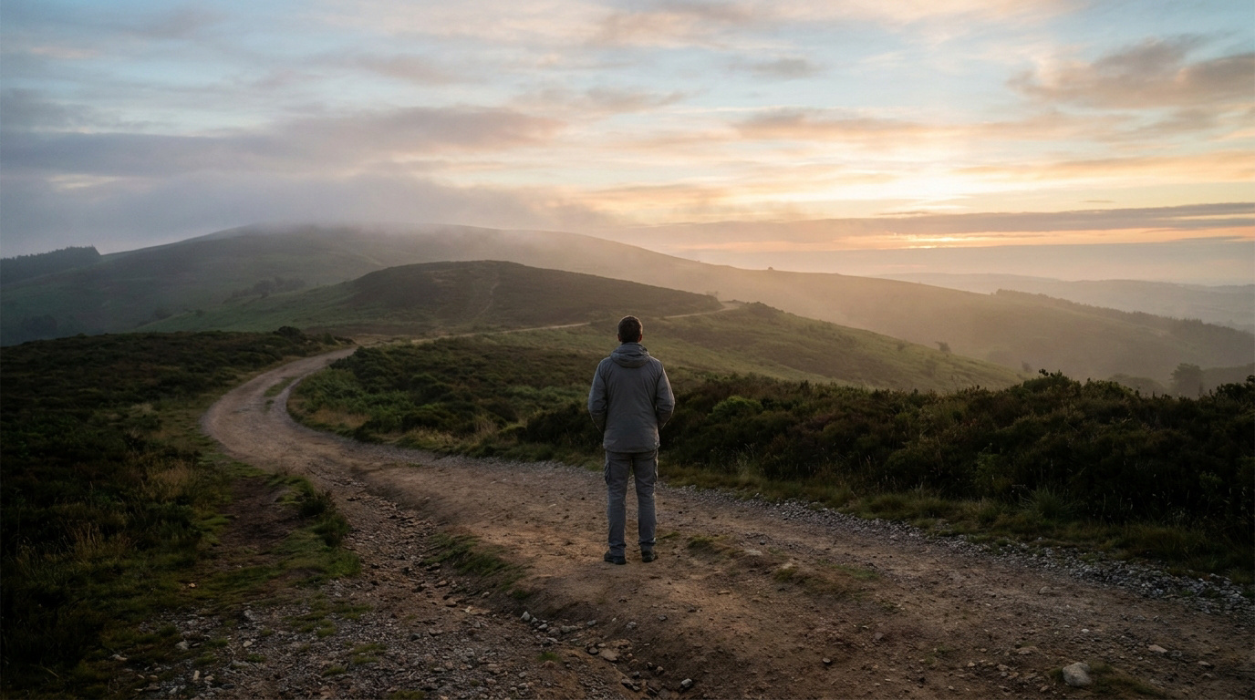 Une personne debout sur un chemin de terre face à un paysage montagneux brumeux au lever du soleil.