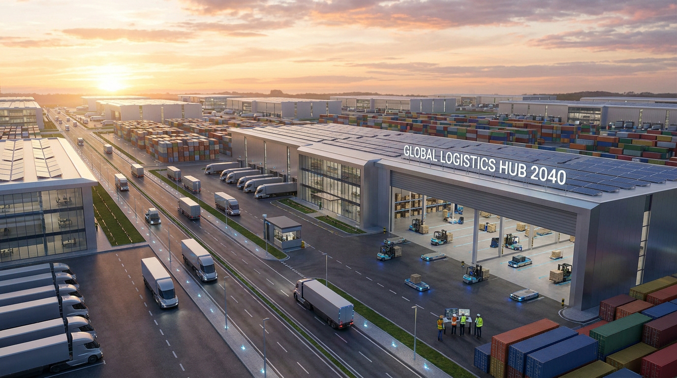 Vue aérienne d'un centre logistique futuriste avec des camions, des conteneurs et des robots autonomes au lever du soleil.