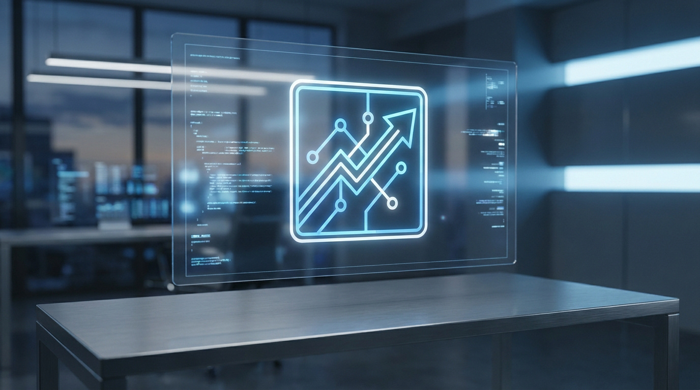 Interface holographique numérique affichant une icône de croissance technologique sur un bureau de bureau moderne.