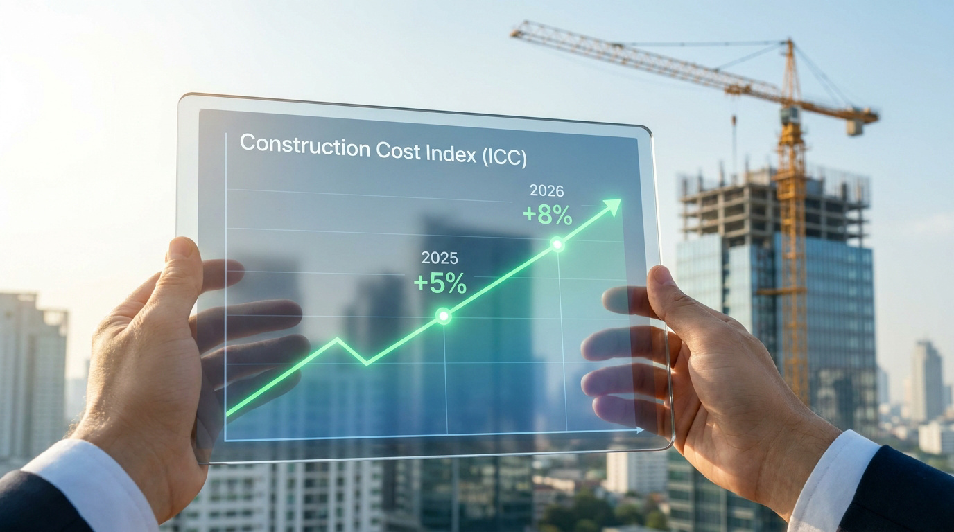 Mains tenant une tablette transparente affichant un graphique en hausse devant un chantier de construction.
