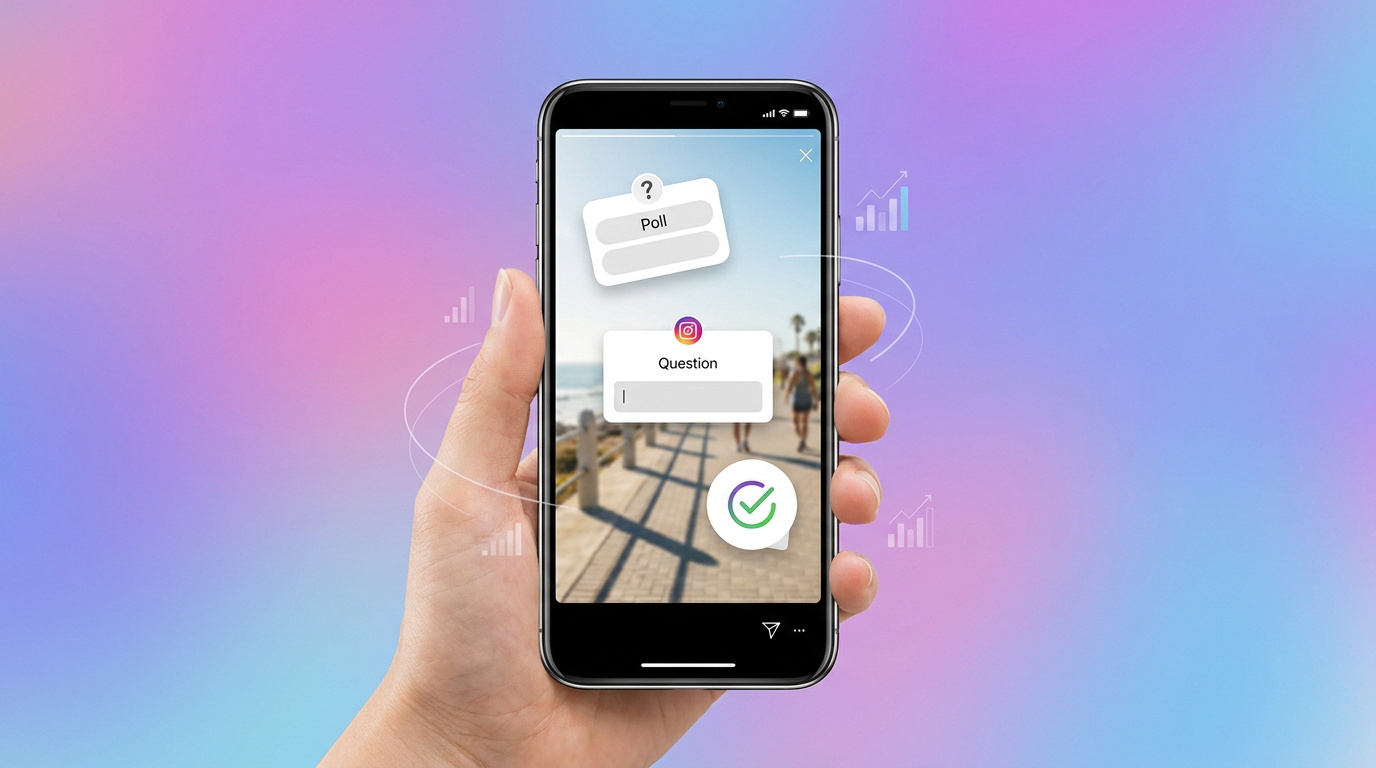 Main tenant un smartphone affichant une Story Instagram avec des autocollants de sondage et de question interactifs.