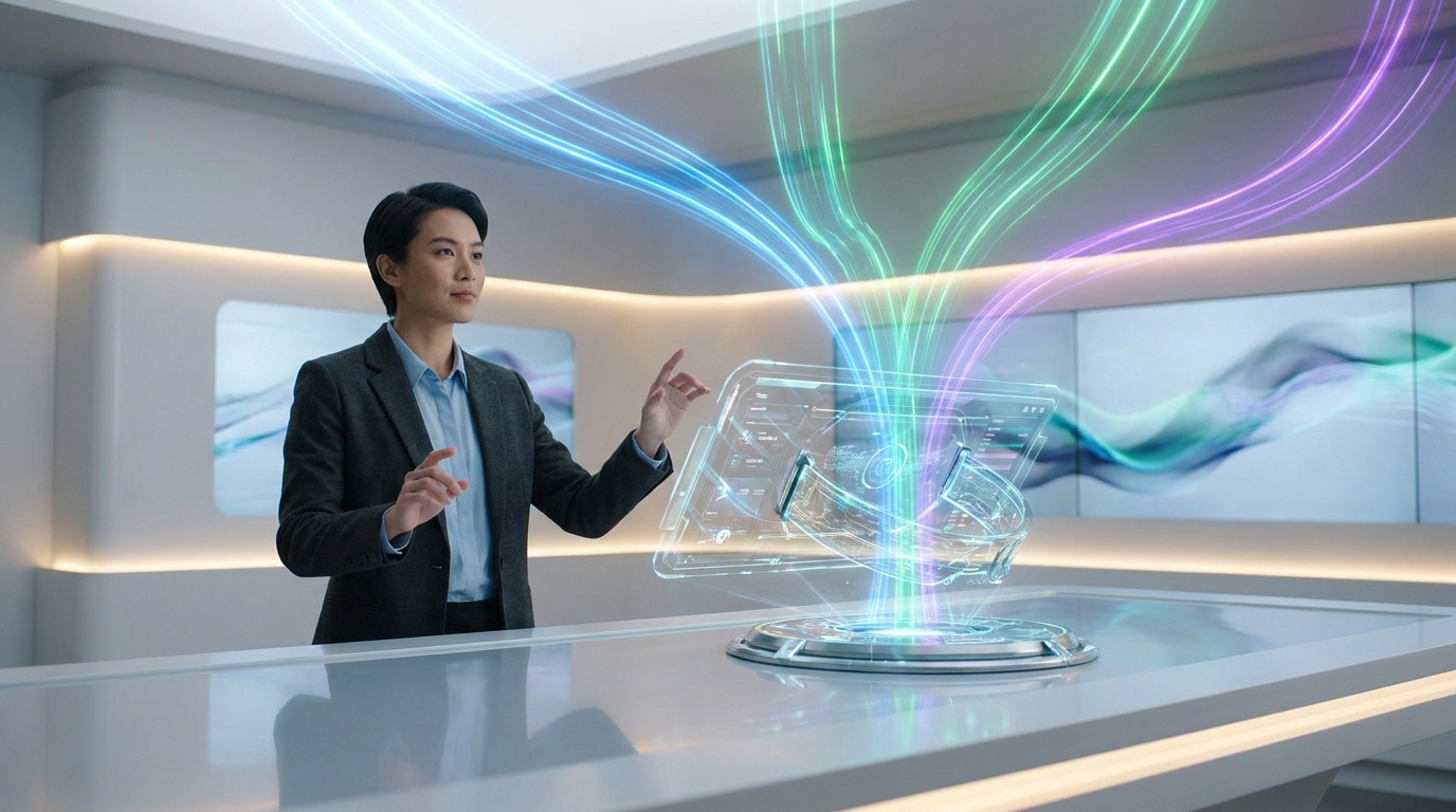 Une personne en costume interagit avec une interface holographique futuriste émettant des flux de données lumineux.