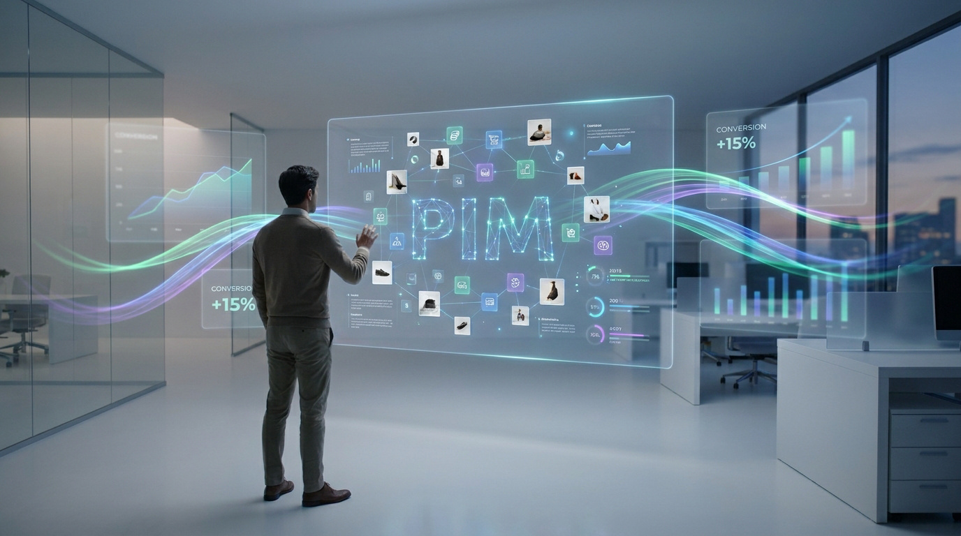 Un homme d'affaires interagissant avec une interface numérique holographique affichant le concept de PIM dans un bureau.