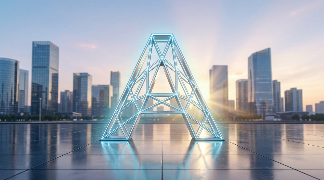 Une lettre A structurelle en néon bleu posée sur une place urbaine face à une skyline au coucher du soleil.