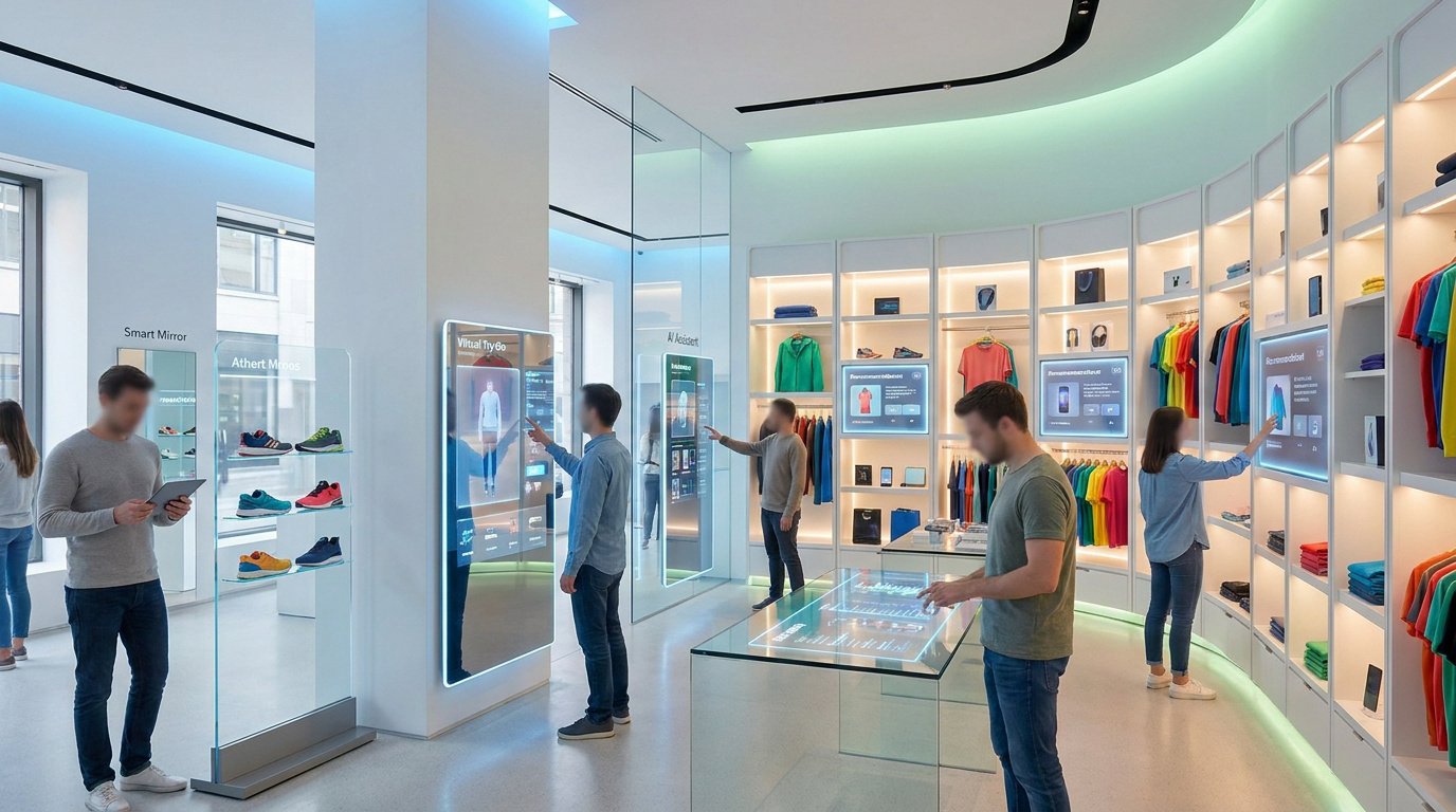 Clients interagissant avec des écrans tactiles et des miroirs intelligents dans un magasin de vêtements moderne et lumineux.