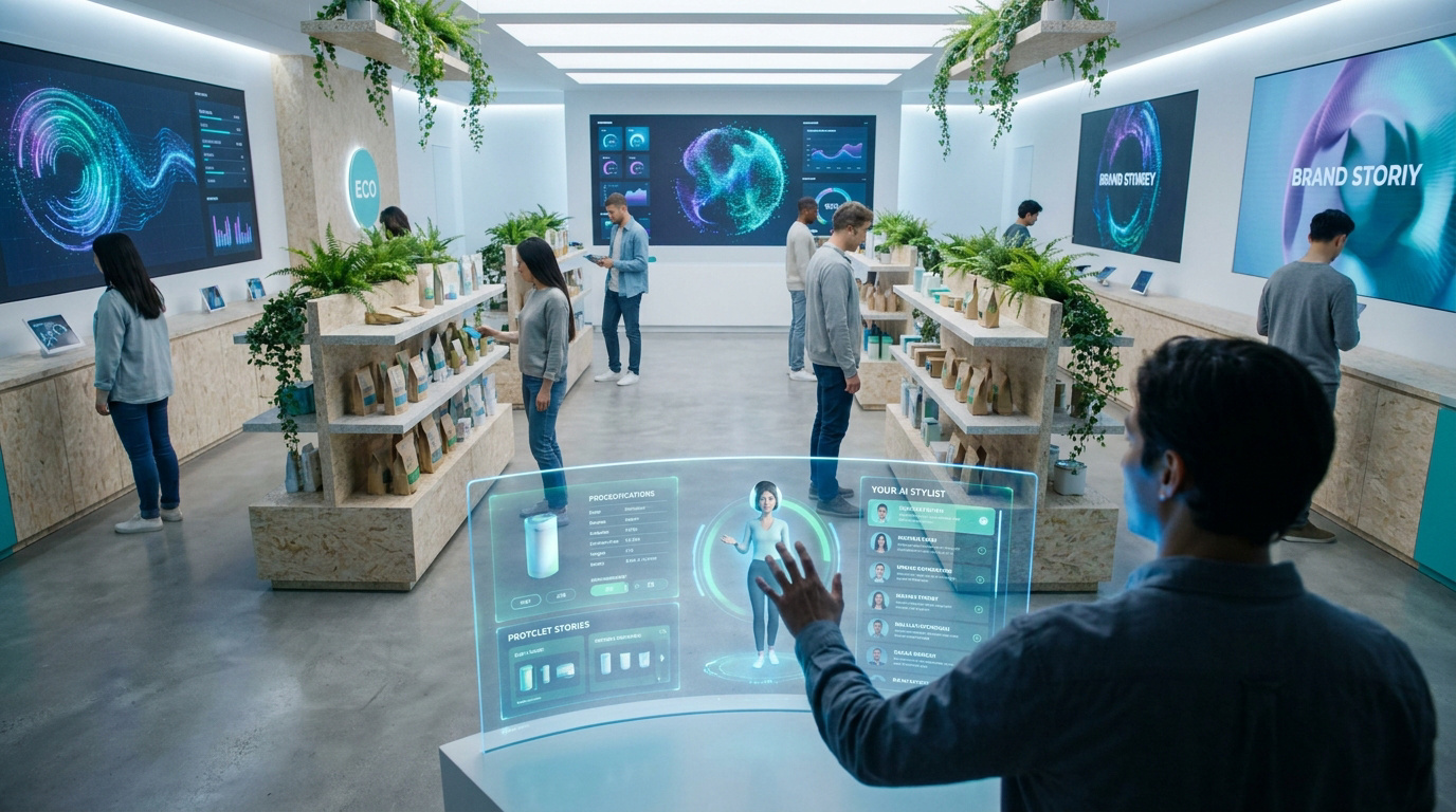 Client interagissant avec un hologramme IA dans un magasin éco-responsable moderne.