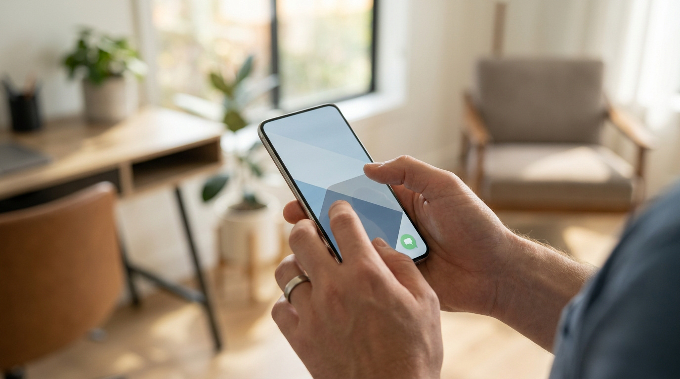 Contacter votre conseiller Hello bank! par smartphone Mains tenant un smartphone dans un intérieur lumineux pour contacter une banque.
