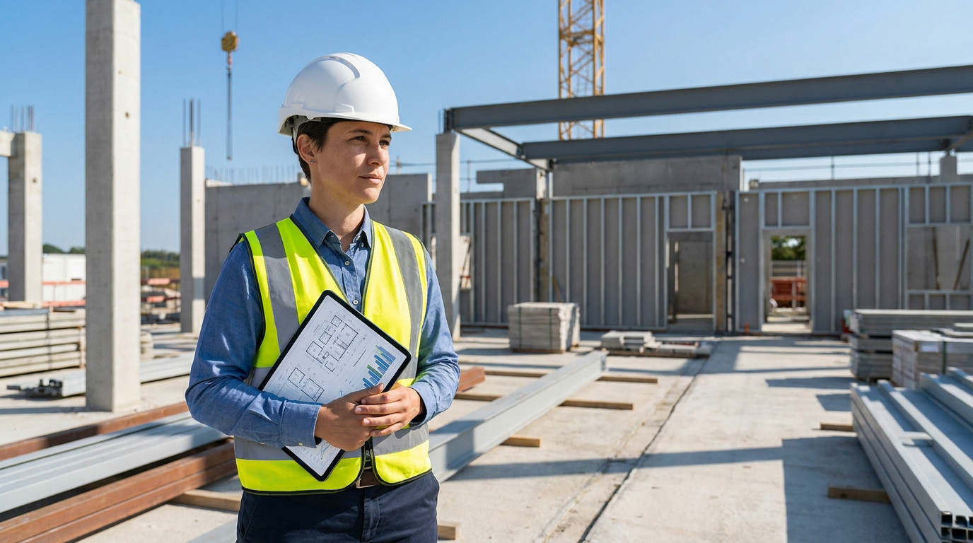 Une femme architecte en casque et gilet de sécurité tenant une tablette numérique sur un chantier de construction.