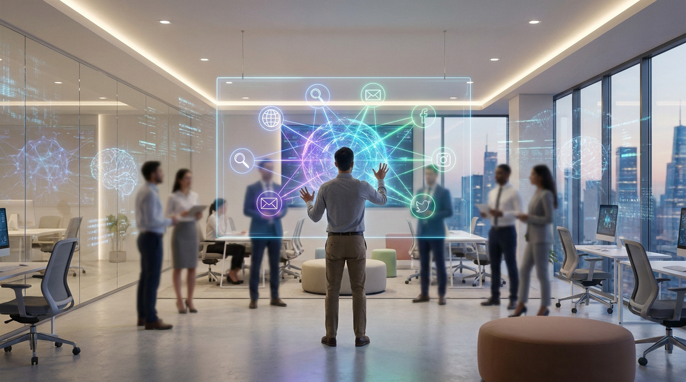 Un professionnel interagit avec une interface holographique connectant des icônes de réseaux sociaux dans un bureau moderne.
