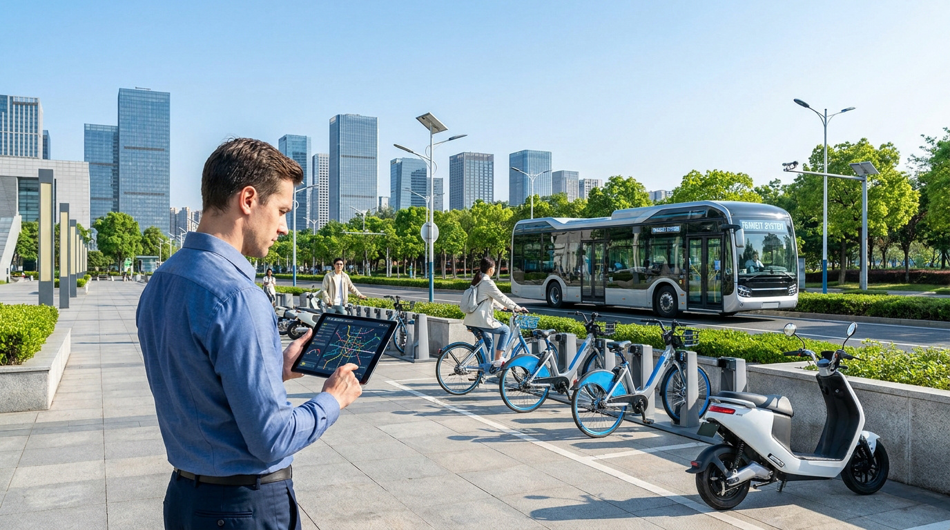 Optimisez vos projets de mobilité urbaine avec CATP Un homme utilise une tablette numérique devant un bus et des vélos en libre-service dans une ville moderne.