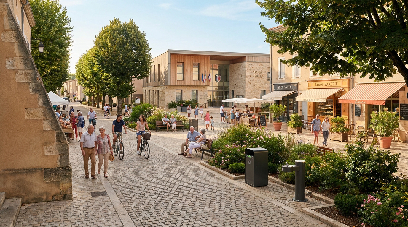 Vie de village dynamique en communauté de communes Une rue piétonne animée devant une mairie moderne avec des commerces et des habitants se promenant sous le soleil.