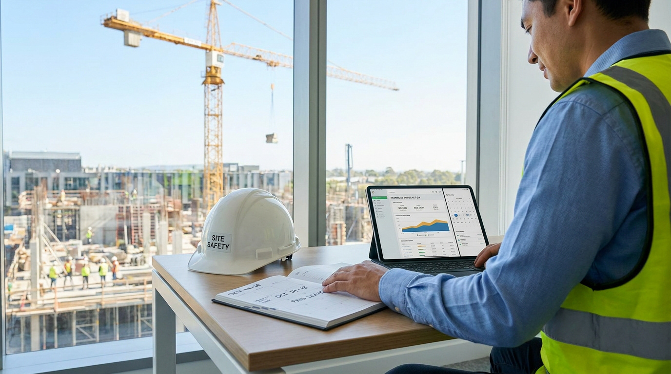 Un responsable de chantier en gilet de sécurité planifie les congés payés sur tablette devant un chantier.