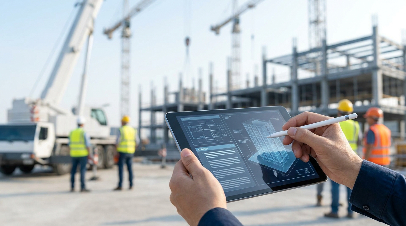 Gros plan sur une tablette avec un plan 3D sur un chantier avec des ouvriers en arrière-plan.