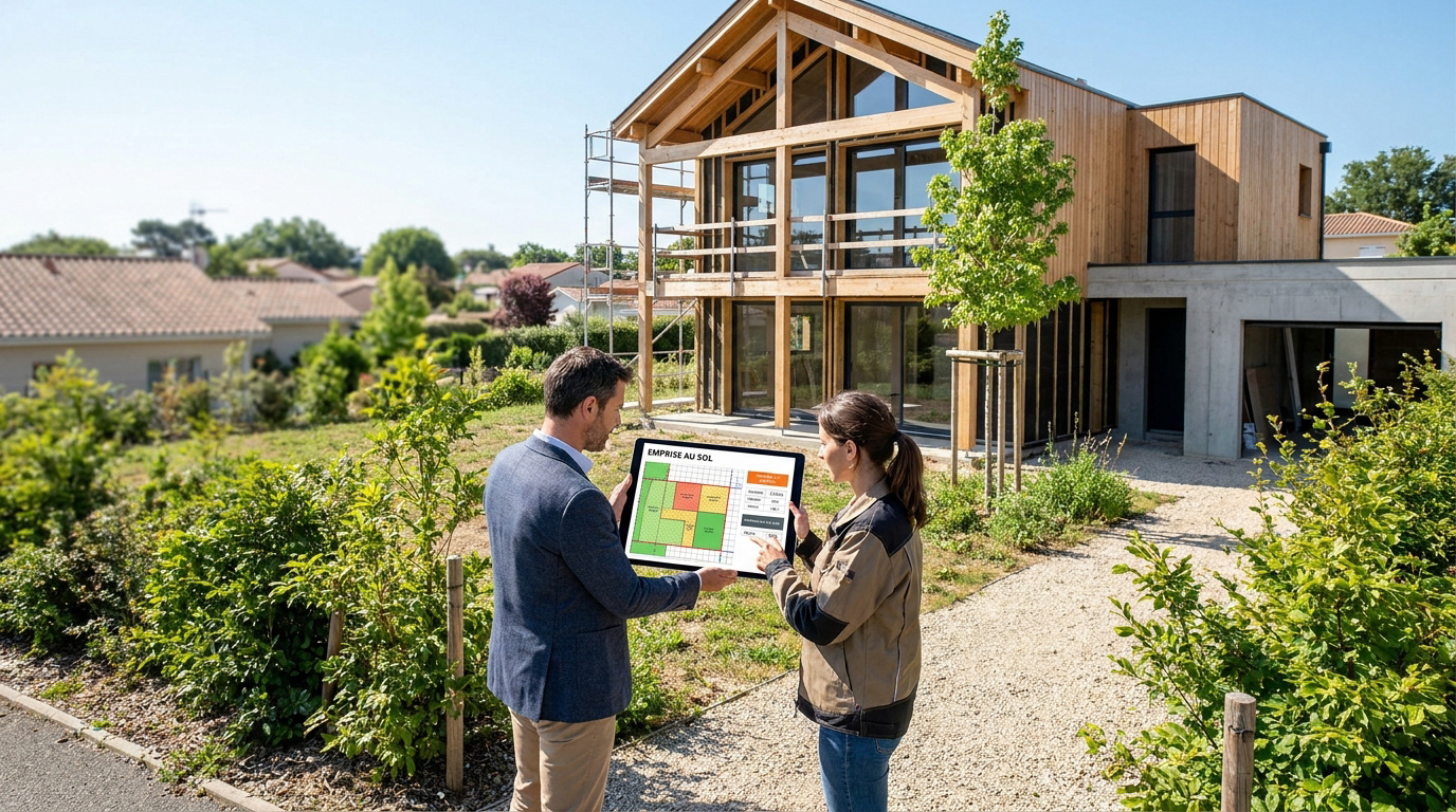 Un homme et une femme devant une maison en construction, étudiant un plan d'emprise au sol sur une tablette numérique.