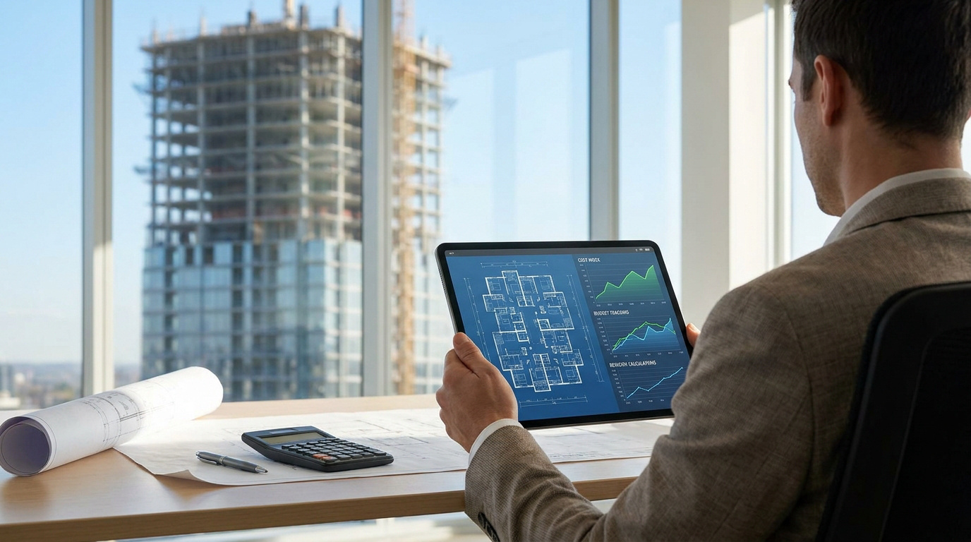 Maîtrisez vos coûts de construction avec l’indice BT01 Un professionnel en bureau consulte des plans et des graphiques de coûts de construction sur une tablette.