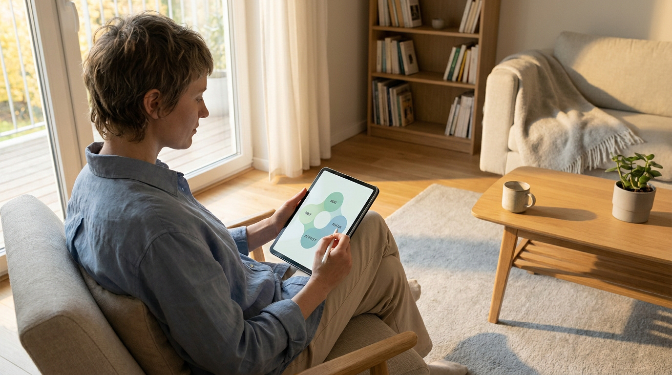 Gérer le syndrome de fatigue chronique au quotidien Une personne assise dans un fauteuil utilise une tablette pour visualiser un graphique sur l'équilibre des activités.