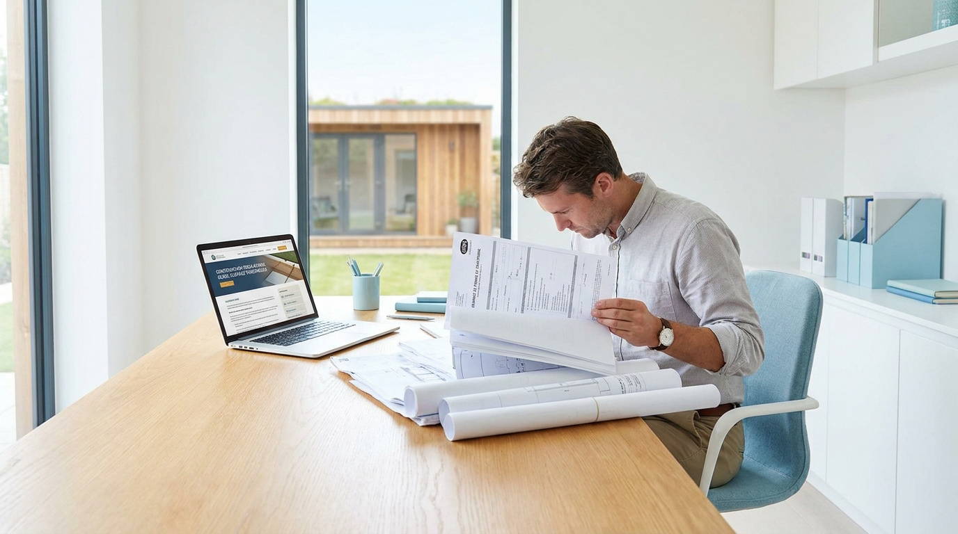 Un homme consulte des documents administratifs et des plans de construction à son bureau.
