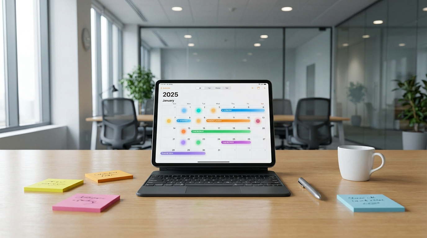 Maîtrisez votre calendrier marronnier 2025 Tablette affichant un calendrier de janvier 2025 sur un bureau de bureau moderne avec des notes adhésives colorées.