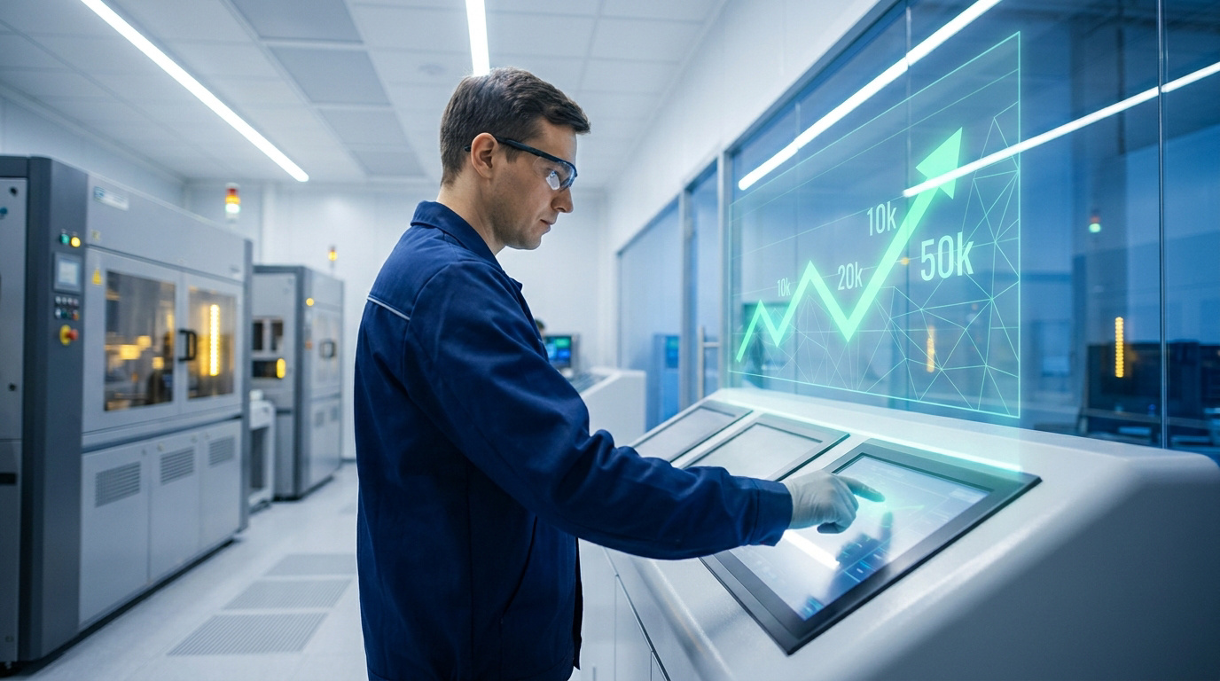 Évolution des salaires en maintenance industrielle Un technicien en tenue de travail manipule une interface numérique affichant une courbe de croissance des revenus.