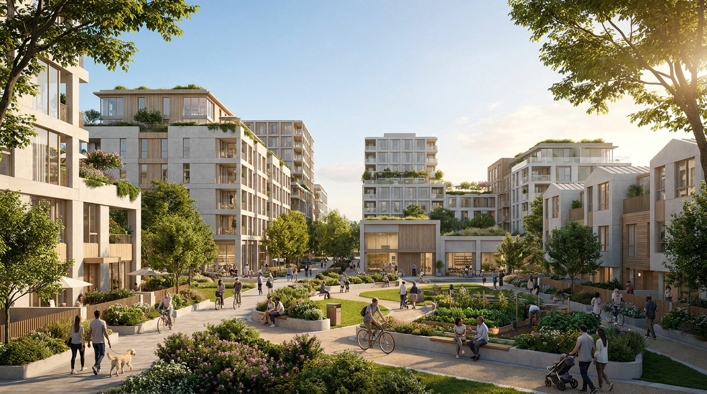 Quartier résidentiel moderne et éco-responsable Vue en perspective d'un éco-quartier moderne avec des immeubles arborés, des parcs et des habitants se promenant.