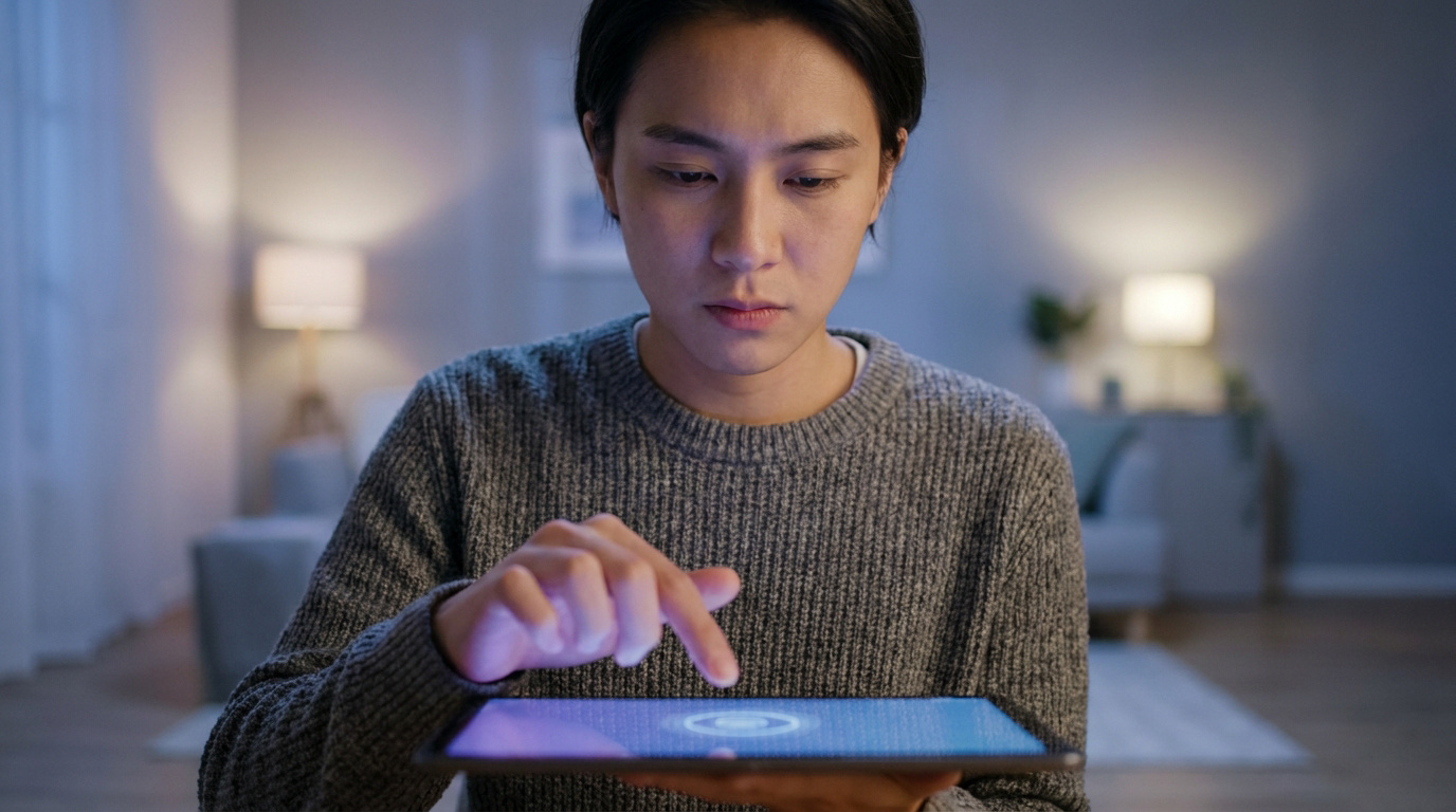 Jeune homme concentré utilisant une tablette numérique dans une pièce sombre, sur le point de cliquer sur un bouton.