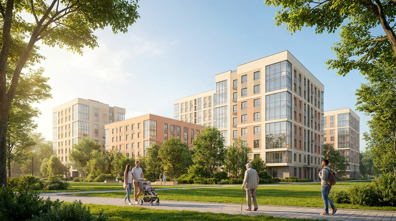 Immeubles résidentiels modernes entourés d'un parc arboré avec des habitants se promenant sous un ciel ensoleillé.