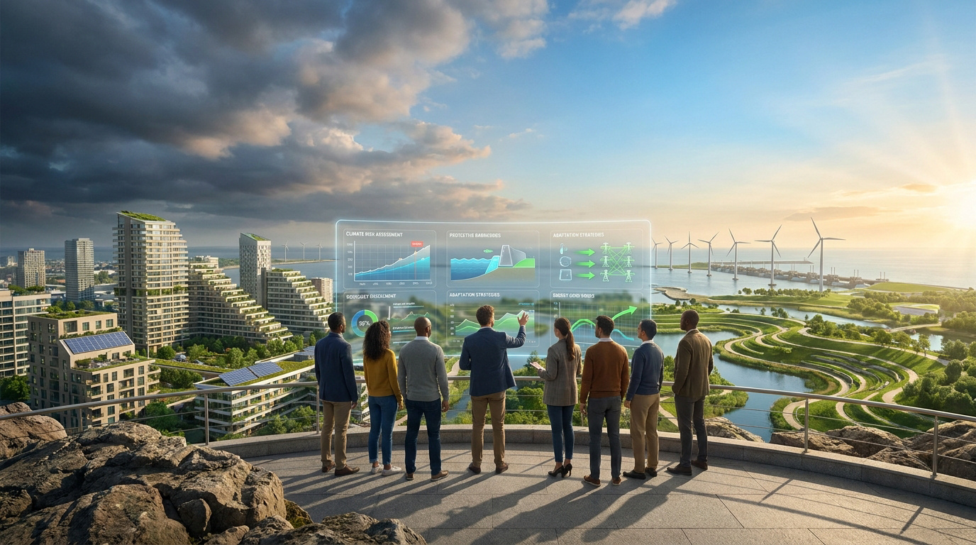 Une équipe de professionnels examine un écran holographique affichant des données climatiques face à une ville durable.