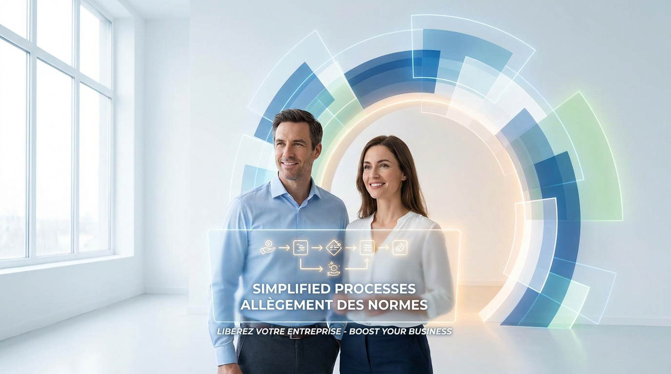 Un homme et une femme en tenue de bureau regardant un graphique numérique de processus simplifiés dans un bureau moderne.
