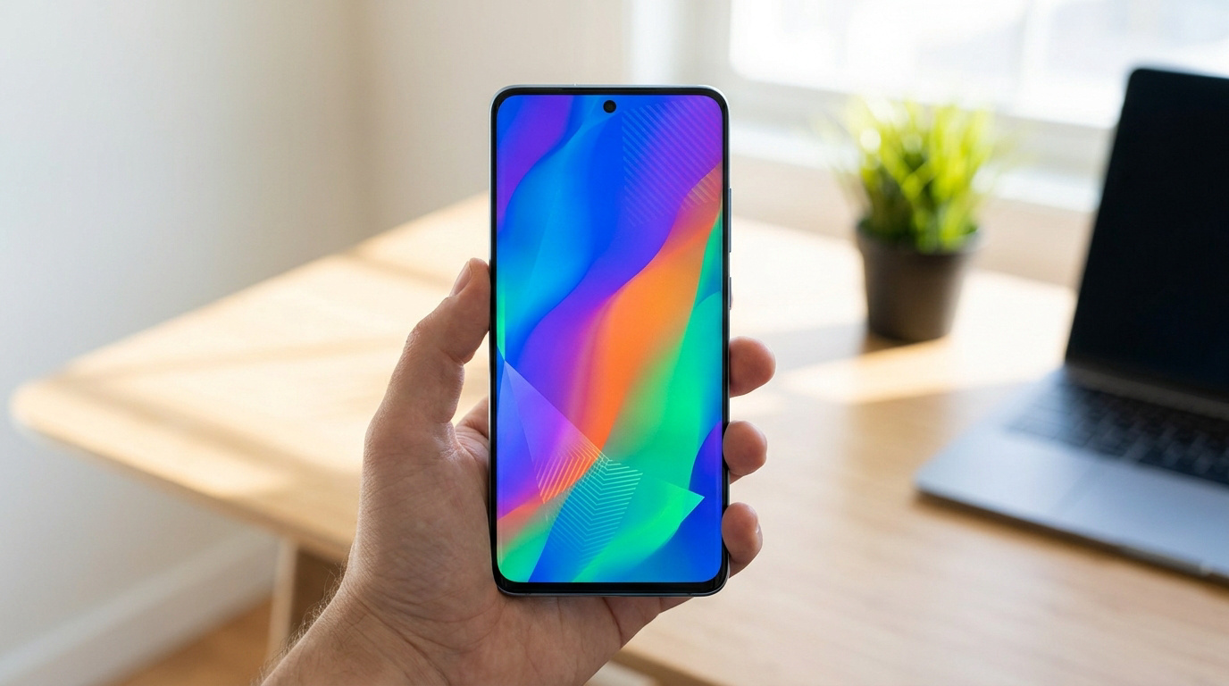 Une main tient un smartphone avec un fond d'écran coloré devant un bureau avec un ordinateur portable et une plante.
