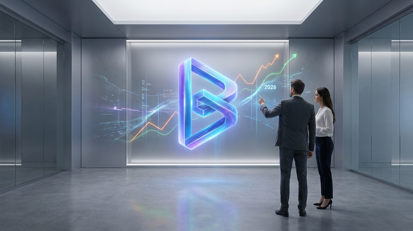 Deux professionnels analysent un logo holographique avec des graphiques de croissance dans un bureau futuriste.