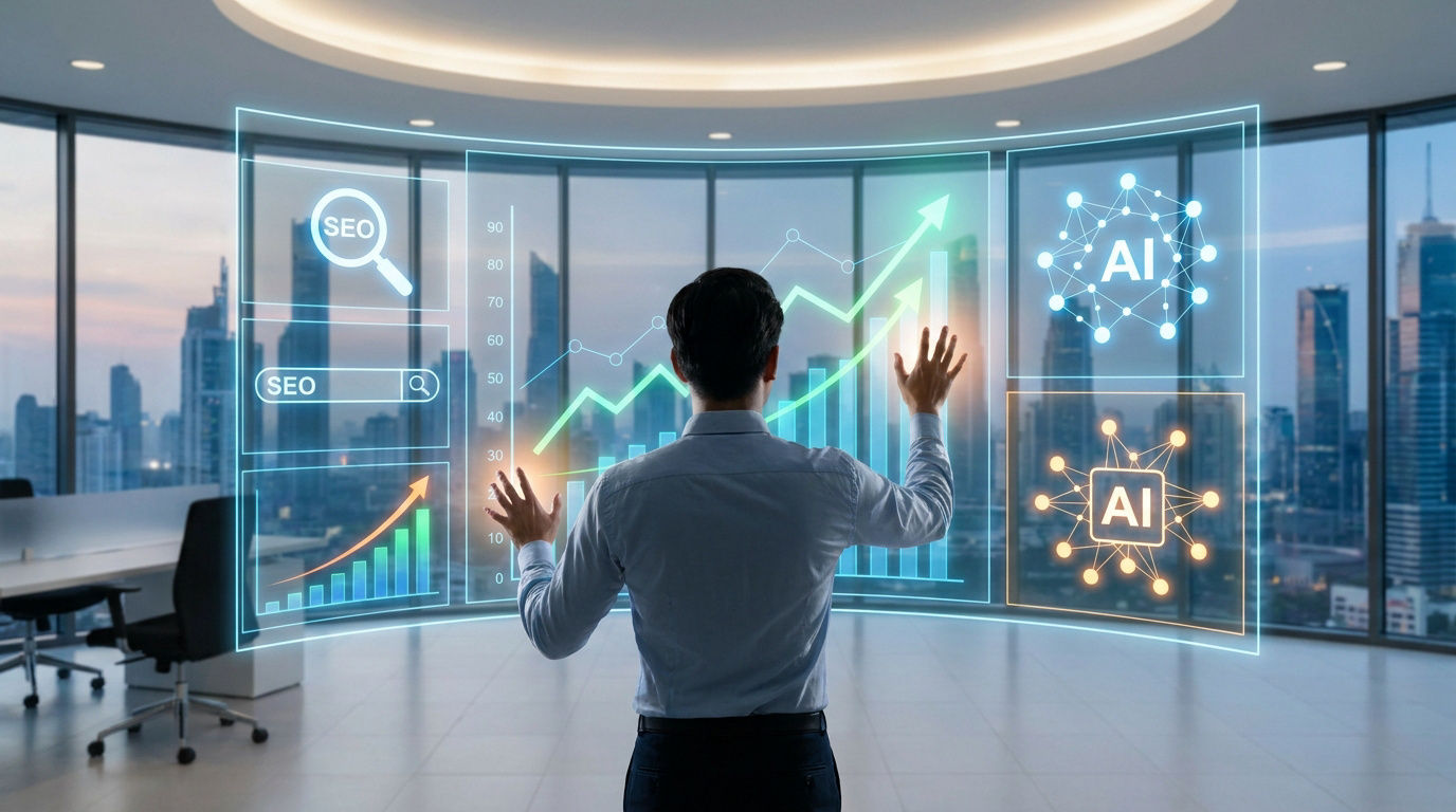 Un professionnel utilisant une interface holographique futuriste affichant des graphiques de croissance, du SEO et de l'IA.