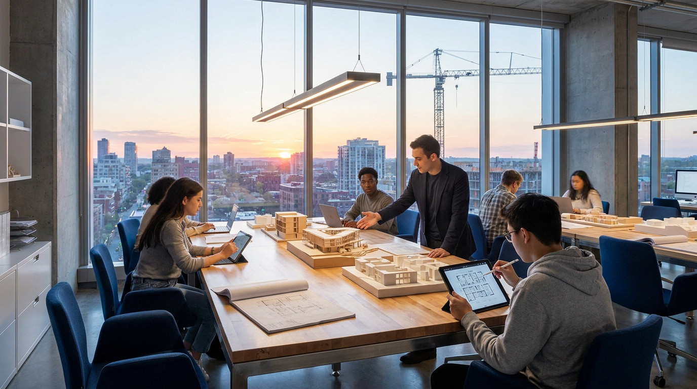Étudiants en architecture travaillant sur des maquettes et des plans dans un bureau moderne avec vue sur la ville.