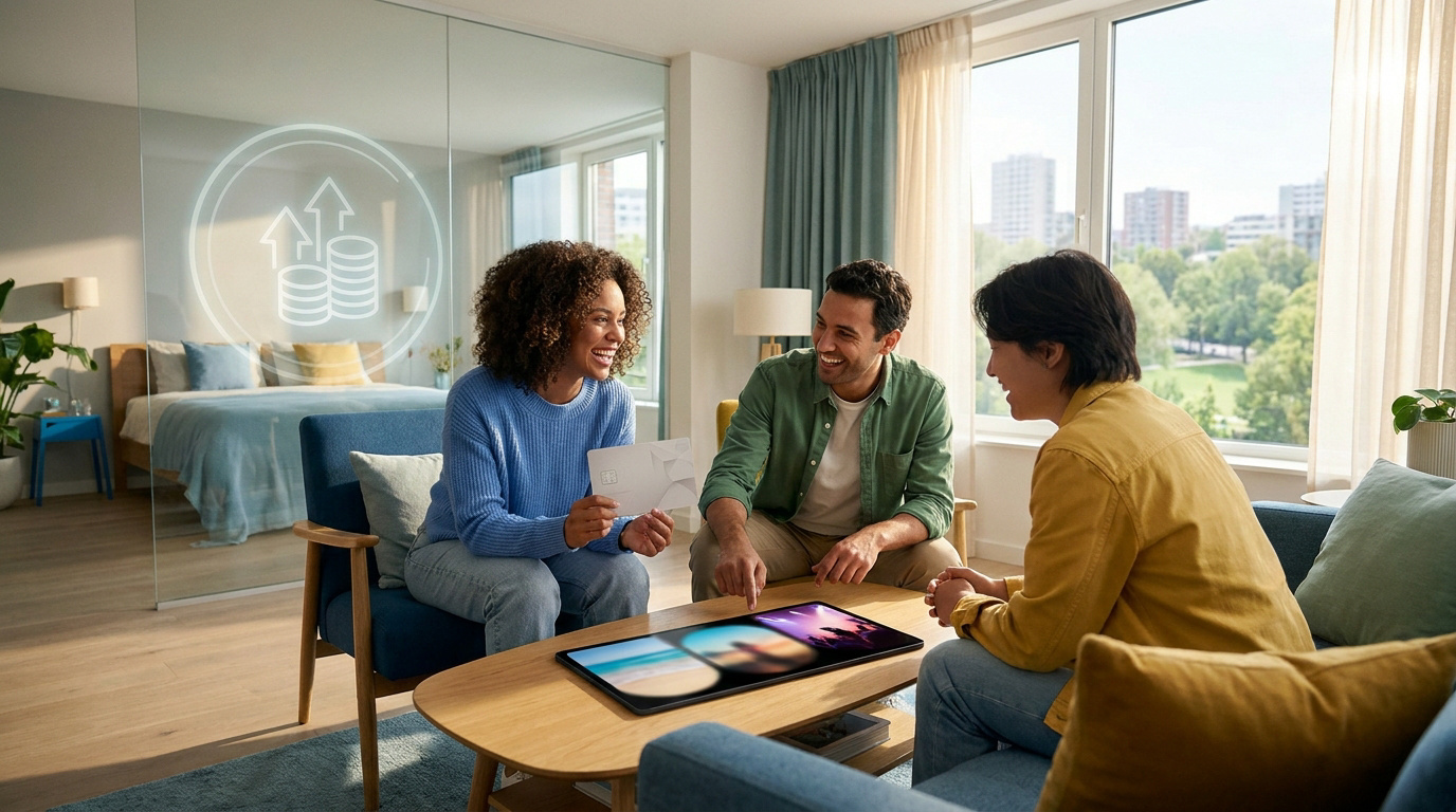 Avantages du Comité d’Entreprise Loxam Trois collègues souriants discutent autour d'une tablette et d'une carte cadeau dans un salon moderne et lumineux.